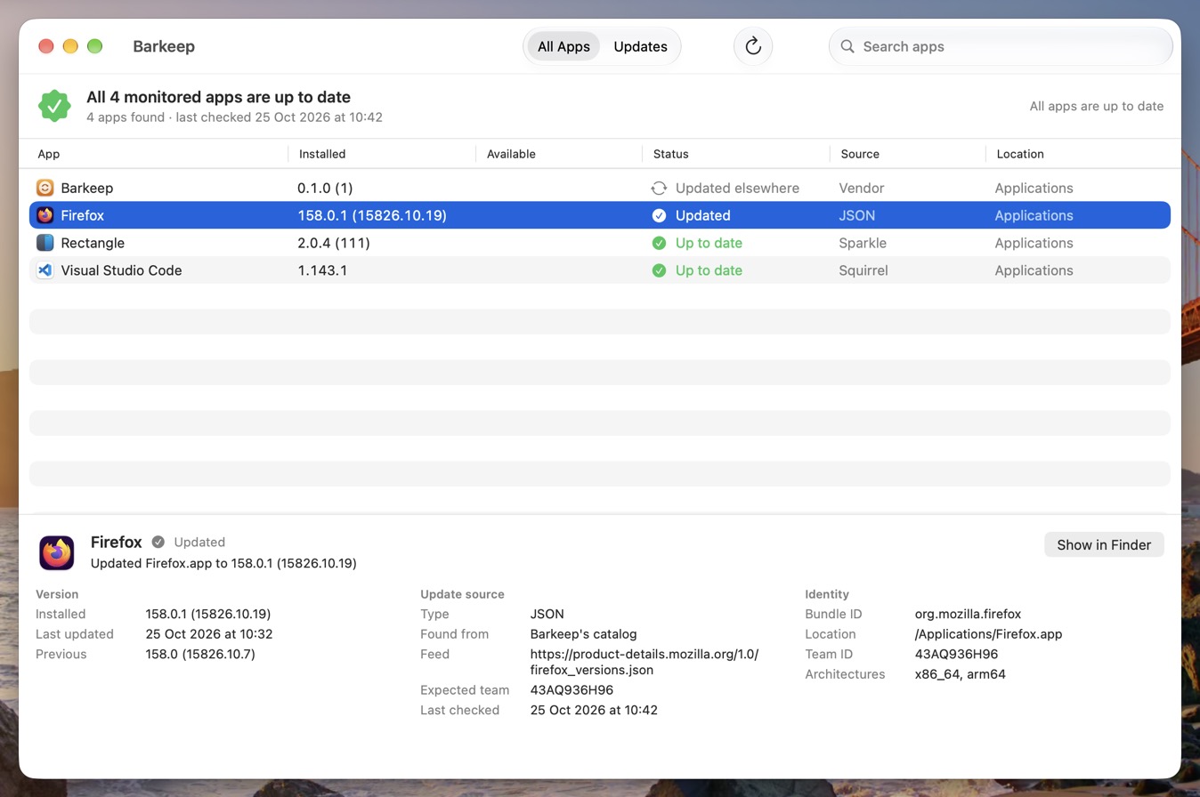 Firefox's details in Barkeep: updated from 158.0 to 158.0.1, found in Barkeep's catalog, with the expected team 43AQ936H96 matching the installed app's Team ID.
