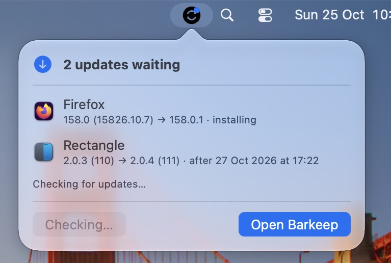 Barkeep's menu bar popover while Firefox installs and Barkeep checks for updates.